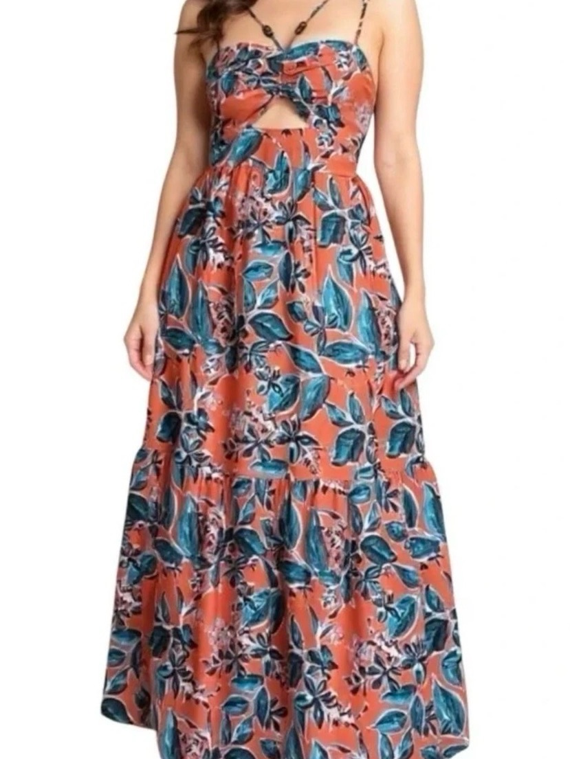 Jason Wu Tropical Floral Maxi Dress Leaf Print Linen Blend Beach Vacation S
